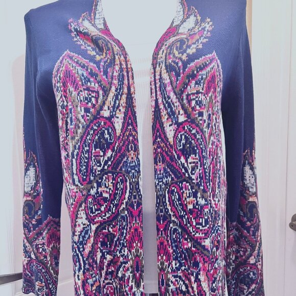 Ruby Rd. Open Front Long Sleeve Cardigan-Blue/Pink Mix-Size Medium-Casual-Long - Picture 2 of 16